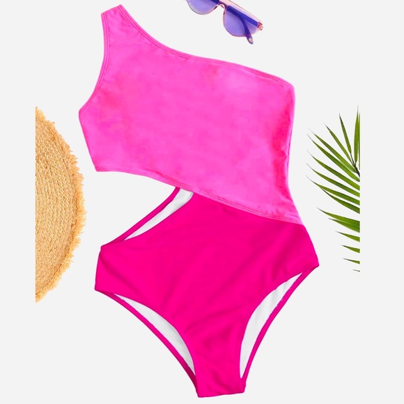 New ✨ Pink One Shoulder Color Blocked Monokini - Picture 5 of 8